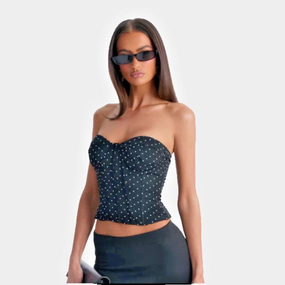 Fashion Nova Just Girly Things Polka Dot Corset Top Lace Up Bustier Black XS NWT